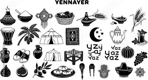 Yennayer Amazigh New Year Celebration Icons: Traditional Berber Culture Symbols, Harvest Elements, and Indigenous Traditions Illustration Set