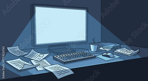 Computer screen illuminating a desk with scattered documents and office supplies.
