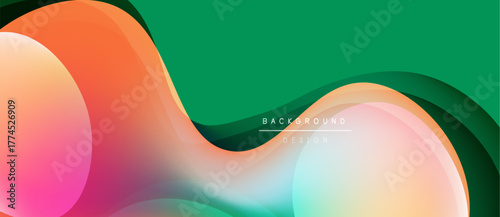 Abstract fluid shapes overlap, creating vibrant color gradients. Green dominates background, orange, pink hues blend smoothly. Modern design element.