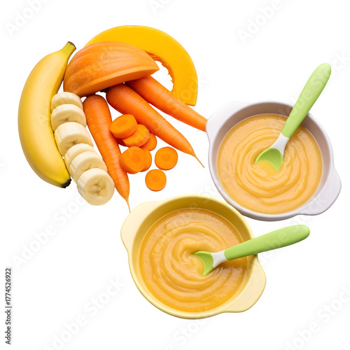 Baby food with banana, carrot and pumpkin isolated on transparent background