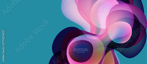 Abstract fluid shapes overlap, creating vibrant color gradients. Teal background complements flowing design elements. Modern, dynamic composition.