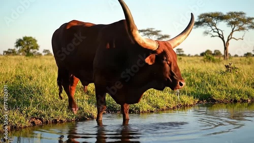 Ankole Watusi Drinking at Waterhole in Savannah at Dusk