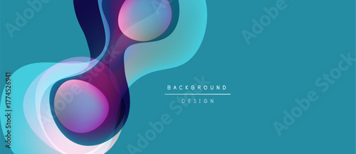 Abstract flowing shapes, vibrant colors, modern design. Teal background complements purple, blue hues. Minimalist text present.
