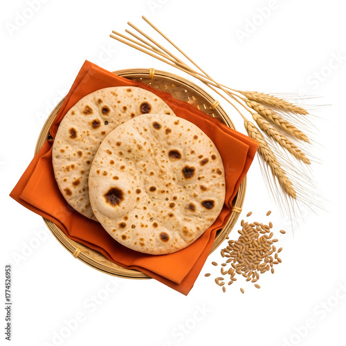 Two roti flatbreads with wheat stalks isolated on transparent background