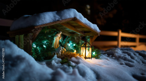 This image depicts a Nativity scene near a church at night, softly illuminated by green Christmas lights and a warm glowing lantern. The figures of Mary, Joseph, baby Jesus, and an