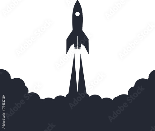 A silhouette of a rocket blasting off, leaving a trail of smoke against a white background with clouds on the sides.