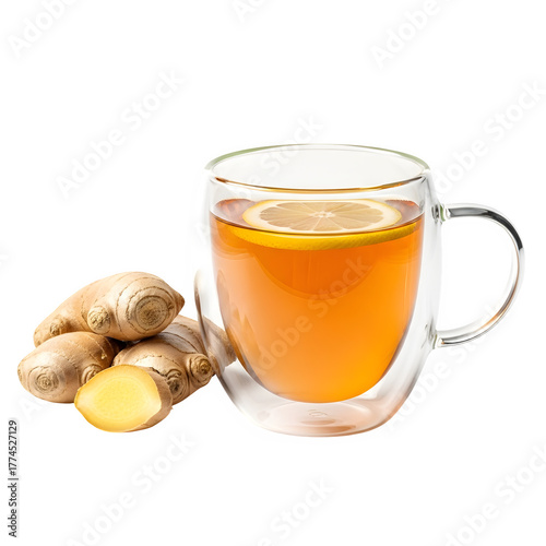 Ginger tea with lemon slice in glass cup isolated on transparent background