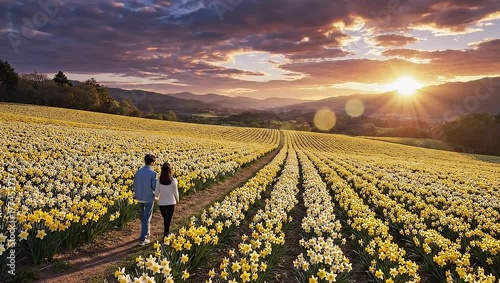 Couple Walking Through Yellow Flower Field at Sunrise