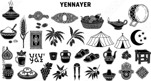 Yennayer Amazigh New Year: Hand-drawn collection of traditional North African and Berber cultural symbols, elements, food, crafts, and architecture. Black and white vector illustration.