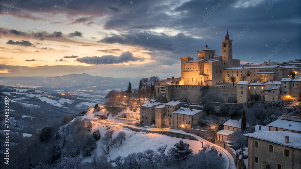 Fototapeta premium Winter Sunset over Snowy Medieval Town
