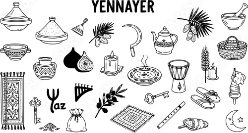 North African Yennayer Amazigh New Year Traditional Objects and Cultural Symbols Hand-Drawn Set