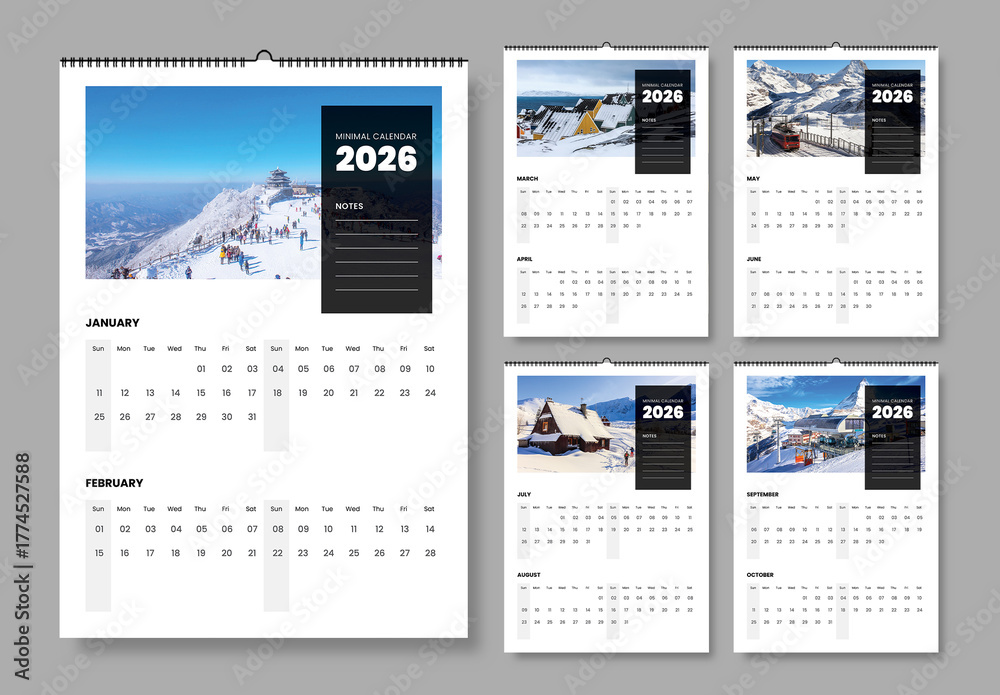 Minimal 2026 Wall Calendar Design Layout with Winter Landscape Stock ...