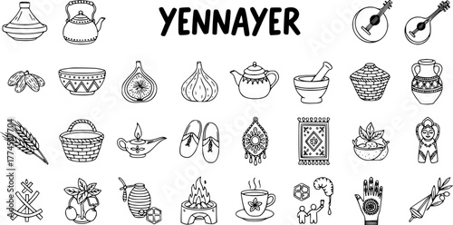 Yennayer Amazigh New Year Icons Set. Hand-drawn cultural symbols, traditional food, and objects for Berber celebration doodle vector illustration.