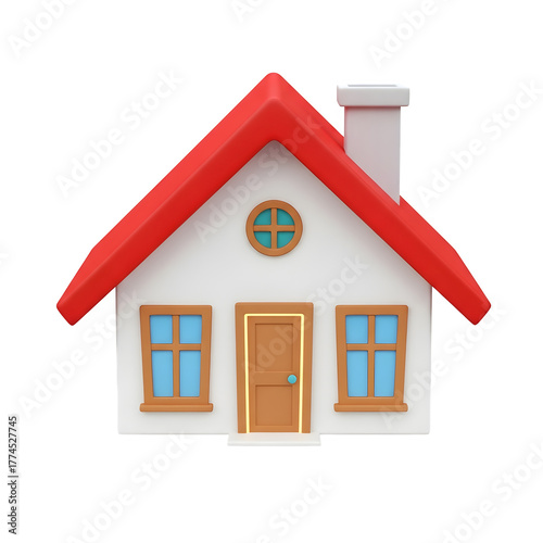 3d icon of cartoon house with red roof isolated on transparent background, 3d rendering