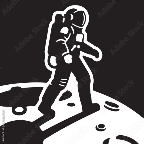 A stark black and white illustration depicts an astronaut in a bulky suit walking across a cratered lunar surface.