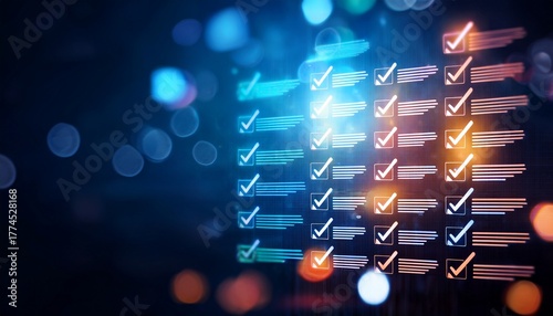 Wallpaper Mural abstract digital checklist interface with checkmarks and glowing bokeh lights representing progress completion and data processing Torontodigital.ca