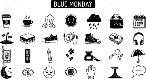 Blue Monday Vector Doodles: Hand-drawn Icon Set of Everyday Objects and Emotions for Sadness, Stress, and Winter Depression Concepts