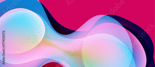 Abstract fluid shapes, vibrant colors blend. Pink, blue, purple hues create dynamic composition. Smooth gradients suggest movement, depth.