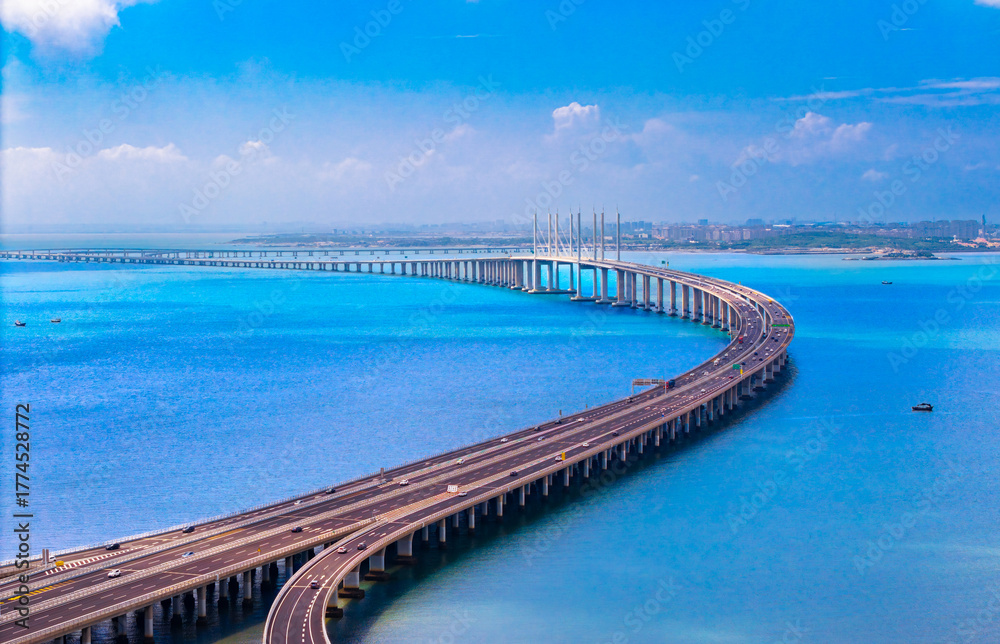 Obraz premium Aerial view of Jiaozhou Bay Bridge in Qingdao, China