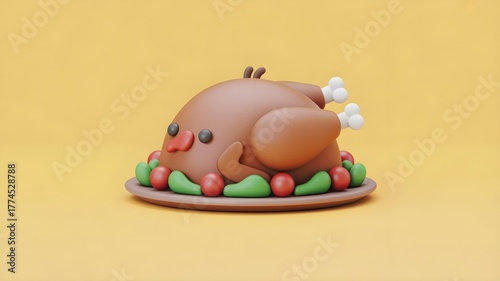 Fototapeta Naklejka Na Ścianę i Meble -  A cute, 3D claymorphism icon of a perfectly roasted turkey on a platter.