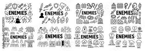 Enemies icon set with emotions and symbols