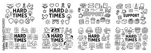 Hard times concept with symbols and support icons