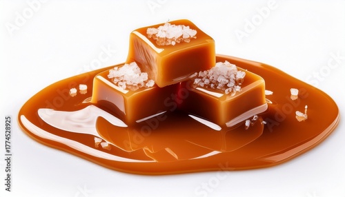 Delicious Sweet Caramel Pieces In Liquid Caramel Sauce Isolated On A White Background Soft Caramel With Sea Salt