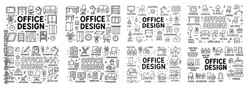Office design styles and furniture icons set