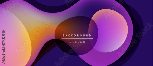 Abstract fluid shapes blend, creating vibrant purple, orange hues. Modern design emphasizes smooth gradients, dynamic composition.