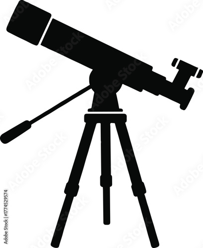 A black silhouette of a refracting telescope mounted on a tripod, angled upwards, set against a plain white backdrop.
