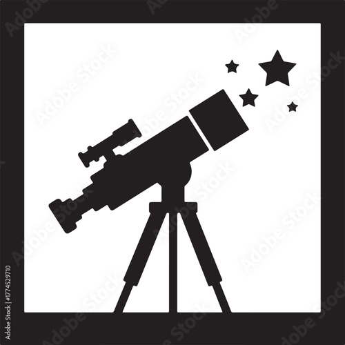 A black silhouette of a telescope on a tripod, aimed upwards at stylized stars and sparkles, set within a square frame.