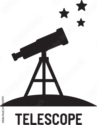 A stylized black silhouette of a telescope on a tripod stands on a curved surface, with three stars above.