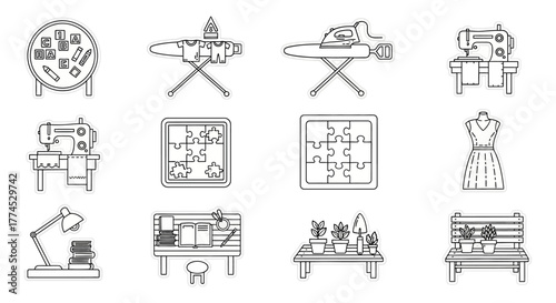 hobbies icons crafting and relaxing at home with sewing reading puzzles and gardening for a creative and comfortable lifestyle