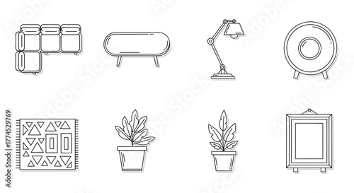 interior design elements collection modular sofa table lamp speaker rug plants and frame perfect for showcasing modern home furnishing and decor ideas