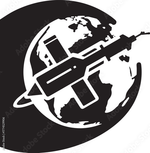 A stark black and white graphic depicting a missile superimposed over a stylized globe, with crosshairs indicating a target.