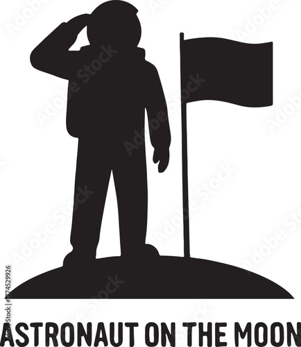 A black silhouette of an astronaut in a spacesuit salutes a flag planted on the lunar surface.