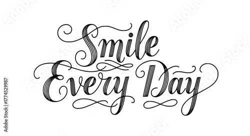 Beautiful black and white calligraphy quote Smile Every Day with graceful swirls and flourishes, uplifting motivational typography art on pure white background, elegant vector style