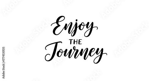 Elegant flowing typography “Enjoy The Journey” in modern script style. Inspirational travel and life quote, smooth calligraphic curves, clean white background, premium vector lettering artwork.