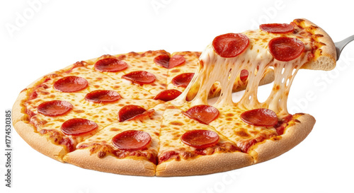 Delicious pepperoni pizza isolated on transparent background with a slice being lifted, showing the melted cheese and the crispy crust, ready to be served
