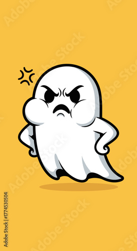 Cartoon illustration of an angry ghost with a scowling face on a yellow background.