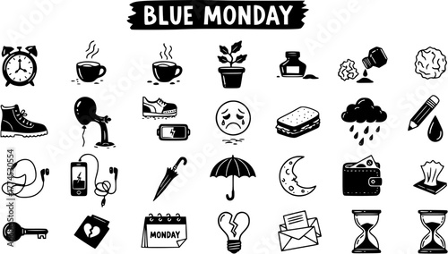 Blue Monday Doodle Set: Hand-Drawn Vector Icons for Bad Days