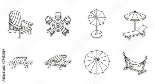 Backyard scene illustrations patio furniture fire pit seating hammock picnic tables and umbrellas for outdoor living and backyard design projects.