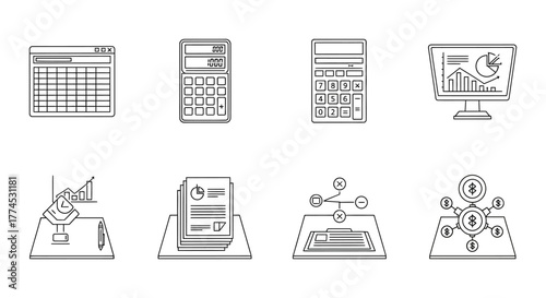 financial analysis tools spreadsheet calculator charts on monitor document stacks dollar signs financial strategy planning and business analytics