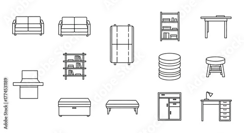 furniture icons various room pieces arranged in a simple graphic perfect for illustrating interior design concepts and home furnishing choices for layout planning.