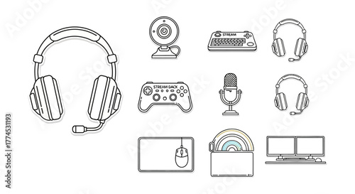 gaming setup illustration showcasing essential streaming equipment and gaming peripherals against a white background ideal for tech blogs and gaming website assets.