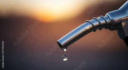 a close up of a fuel nozzle dripping gasoline at a gas station with a blurred background effect at sunset
