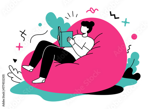 Illustration of A person lounging on a large, comfortable bean bag chair, reading a book., minimalist flat vector illustration, spot illustration style.the art is def