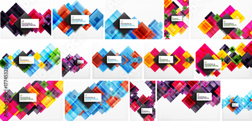 Colorful geometric backgrounds, various square patterns. Bright hues, modern design elements, abstract compositions dominate image.