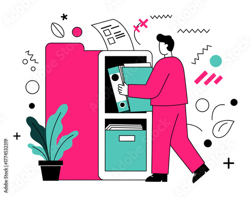 Person Organizing Files in Filing Cabinet Minimalist Vector Illustration