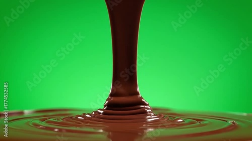A stream of rich, decadent melted dark chocolate being poured, creating beautiful ripples in a pool against a vibrant green screen background